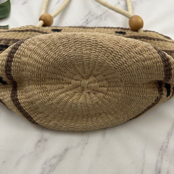 Vintage Woven Basket Tote Bag Purse Brown Black Wood Bead Wool Blend Boho - Picture 4 of 6
